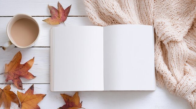 White blank notebook mockup on white wooden table with autumn leaves, coffee cup and knitted blanket, flat lay top view with copy space for blog design, social media content