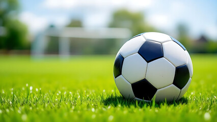 Fototapeta premium Football Soccer Ball on Grass. Classic Black and White Ball. Sports Equipment for Game