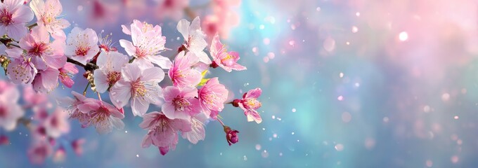 Delicate pink cherry blossoms in soft pastel light against a blurred, dreamy background