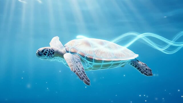 An abstract turtle swims through wavy lines underwater with sunbeams shining down.