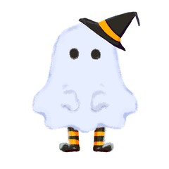 Cute Halloween ghost with witch hat, no mouth, no feet