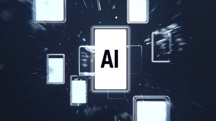Futuristic Digital Art of AI on White Phone Screen with Glitch Effects and Multiple Smartphones �C Abstract Technology Concept