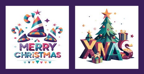 Set of square Christmas cards with festive designs and colorful typography, contemporary style vector illustration on white background
