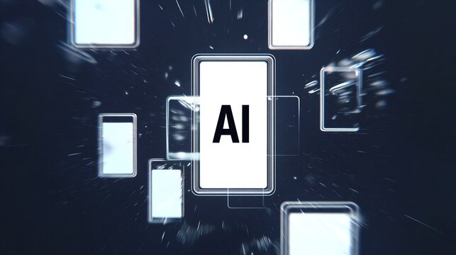 Futuristic Digital Art of AI on White Phone Screen with Glitch Effects and Multiple Smartphones �C Abstract Technology Concept