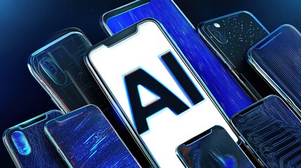 Futuristic Digital Art of AI on White Phone Screen with Glitch Effects and Multiple Smartphones �C Abstract Technology Concept