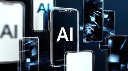 Futuristic Digital Art of AI on White Phone Screen with Glitch Effects and Multiple Smartphones �C Abstract Technology Concept