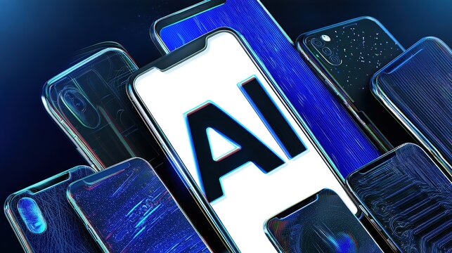 Futuristic Digital Art of AI on White Phone Screen with Glitch Effects and Multiple Smartphones �C Abstract Technology Concept