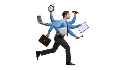 Multitasking businessman running with multiple arms symbolizing productivity and efficiency.