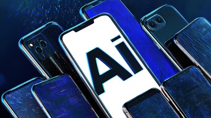 Futuristic Digital Art of AI on White Phone Screen with Glitch Effects and Multiple Smartphones �C Abstract Technology Concept