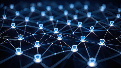 Minimalist network visualization with glowing nodes and shield overlays, representing secure data flow, abstract tech background.
