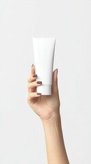 Woman Hand Holding White Cosmetic Tube Beauty Product Packaging Mockup for Skincare Branding and Marketing Design