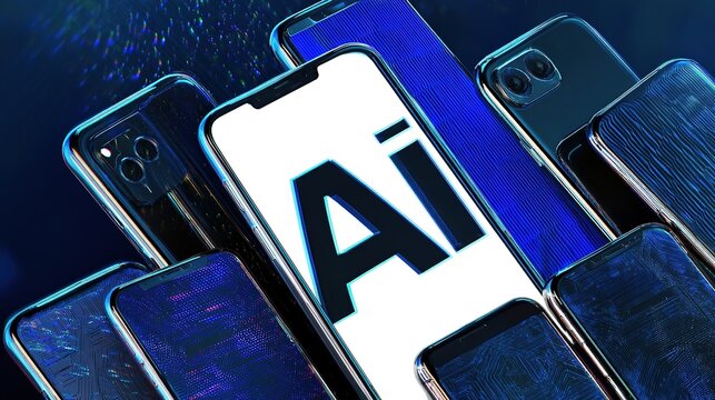 Futuristic Digital Art of AI on White Phone Screen with Glitch Effects and Multiple Smartphones �C Abstract Technology Concept