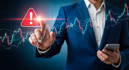 Businessman pointing at a financial chart with a warning sign, indicating risk in stock market trading and investment, with a smartphone in hand