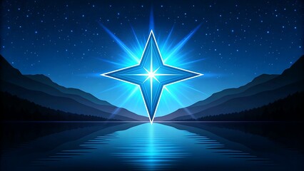 Glowing blue starburst illuminates a serene night landscape with water reflection