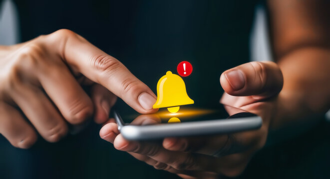 Closeup of a persons hand holding a smartphone, with a notification bell icon appearing on the screen, indicating an alert or message