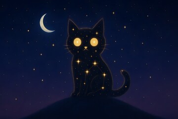 Fototapeta premium Magical black cat silhouette made of glowing stars under crescent moon in dreamy night sky, celestial constellation animal illustration with fantasy atmosphere