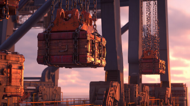 container cranes lifting boxes wrapped in chains economic constraint representation illustration concept scene visual for commercial design use high detail quality stock image illustration concept
