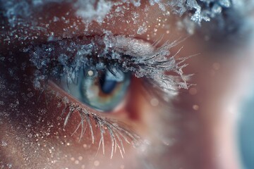 Woman's eye with a brilliant blue-green iris, framed by eyelashes and skin encrusted with intricate ice crystals and frost.