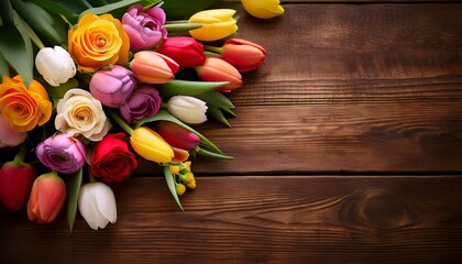 colorful spring bouquet of roses and tulips brightening a rustic wooden table generative ai