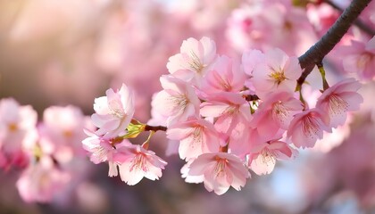 Obraz premium high resolution close up of cherry blossoms in full bloom with a diagonal branch delicate pink petals blurred bokeh background in pastel colors serene spring beauty generative ai