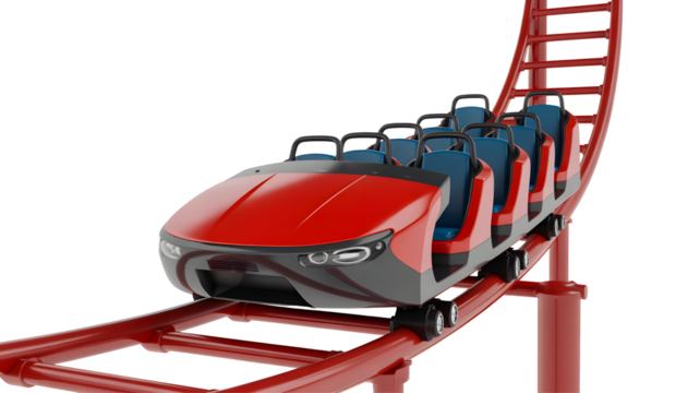 Red roller coaster ride amusement park thrill entertainment recreation extreme adventure fun attraction 3d model render on transparent background - Powered by Adobe