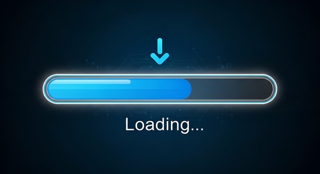 Blue loading bar with arrow on dark background indicating download in progress animation graphic