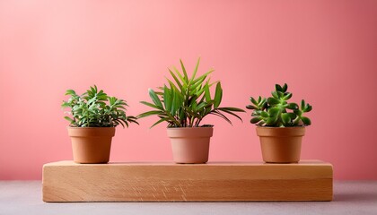 Fototapeta premium three small potted plants sit on a wooden block against a pink background