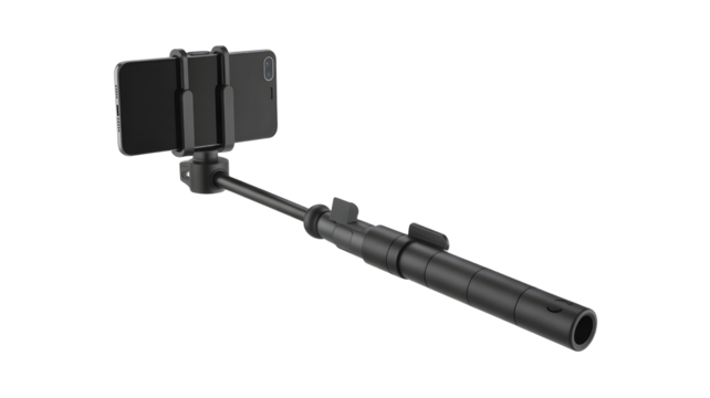 Black selfie stick phone holder smartphone photography accessory portable travel tripod monopod extendable 100cm on transparent background