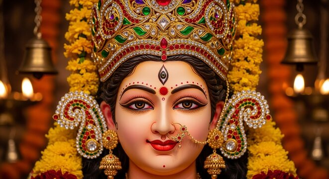 Close up of Hindu Goddess Durga Illustration with Traditional Elements. Happy Navratri