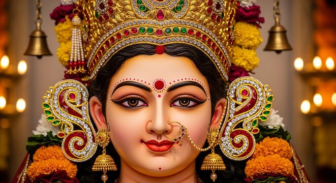 Close up of Hindu Goddess Durga Illustration with Traditional Elements. Happy Navratri