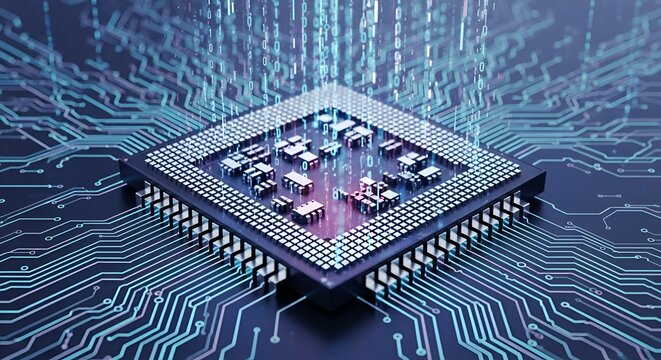 A close up of a computer chip with binary code falling onto it and circuit board patterns around it