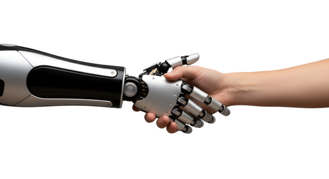 Robot hand and human hand in a firm handshake representing technological advancement and cooperation.