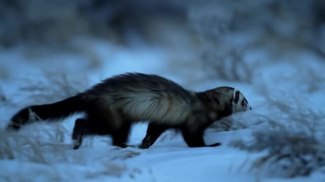 One polecat running in the snow during winter, animal wildlife in natural landscape.