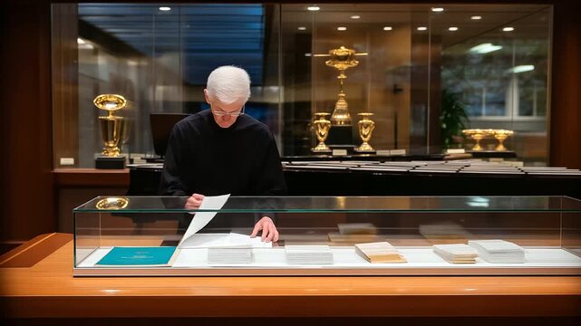 A senior practices for a band concert in a music room with instruments tuning sheet music flipping a conductor pacing and a trophy case gleaming captured in a melodic photo wit