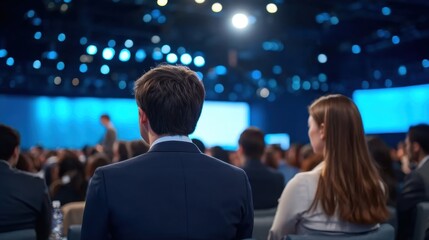Audience Attends Conference with Bright Lights and Engaging Presentation in a Large Hall Filled with Enthusiastic Participants and Professionals