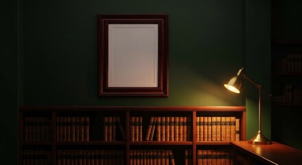 Blank vertical frame mockup with ornate wood border on a dark green wall in a classic library. Bookshelves and a warm desk lamp create a moody, academic scene.