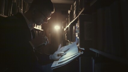 Person with gloves looking at papers in the dark