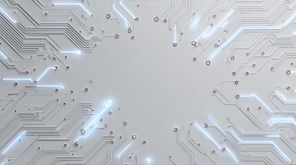 Overhead flat lay, clean white background. Minimal glowing AI circuit icon in one corner,