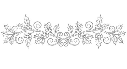 Elegant symmetrical illustration of holly leaves, berries, and decorative swirls, a festive design.
