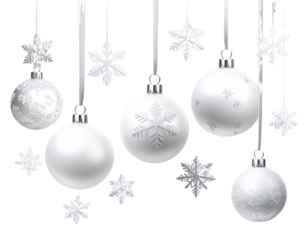 Christmas balls background. Hanging white Xmas decorative bauble, 3d silver metall