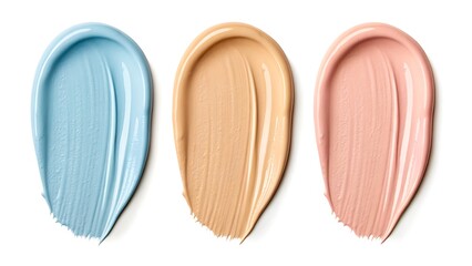 Three swatches of makeup foundation in blue beige and pink tones