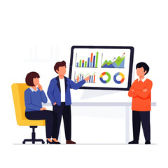 Fototapeta premium A businessman presents financial data on a large tablet to a focused team, showcasing positive growth and collaborative analysis in a modern office setting.