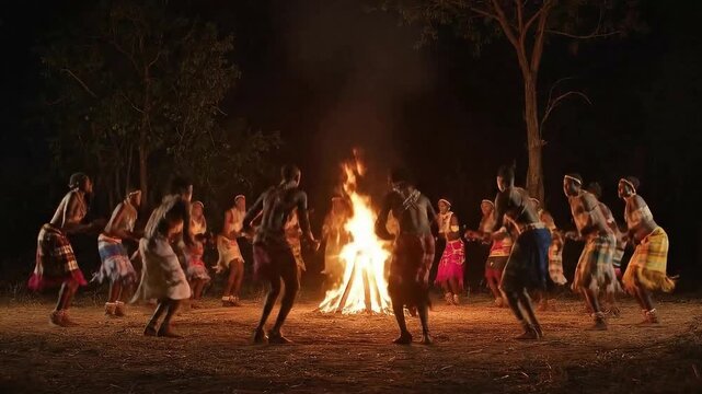 African Tribe Dancing Around Fire