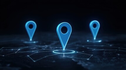 Digital Navigation Markers Displayed Against a Dark Background with Connecting Lines Representing Technology and Global Connectivity