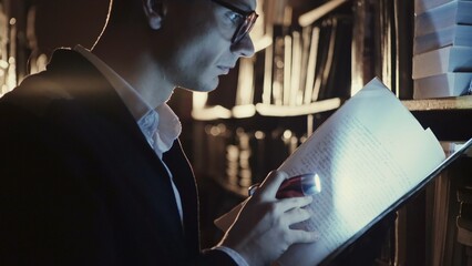 Person with gloves looking at papers in the dark