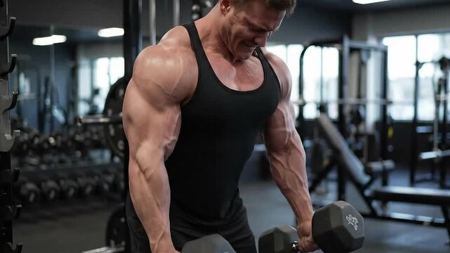 Extremely Buff Bodybuilder Lifting Weights