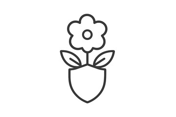 Nature protection icon. Flower with a shield, concept for environmental safety, ecology, and conservation. Vector thin line art for green, organic, and sustainable ideas.