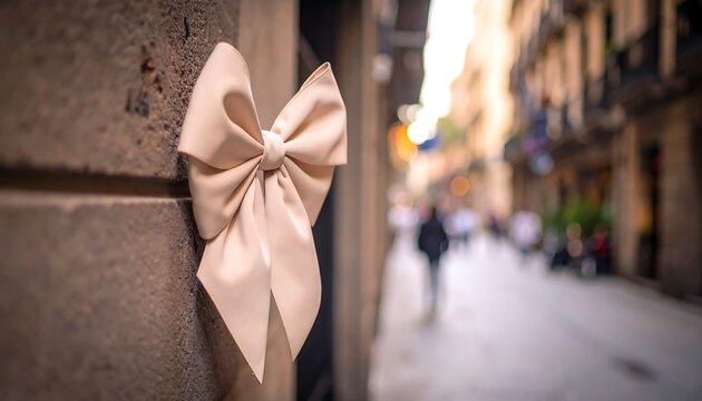 Cream bow on tan wall, city street