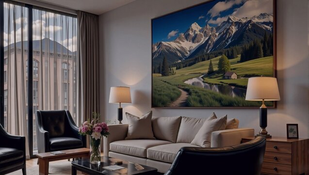 Bright and refined living room with plush seating, floral accents, and mountain landscape art&mdash;where comfort meets timeless sophistication.
