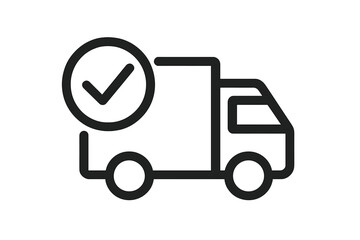 Delivery truck icon with check mark. Fast shipping, order confirmed. Logistics success symbol. Transport, completed shipment, approved package. Thin line vector for web, apps.
